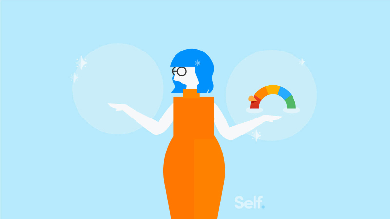 An illustration of a woman holding her hands out with a credit score range in one hand and in the other hand is an empty circle.