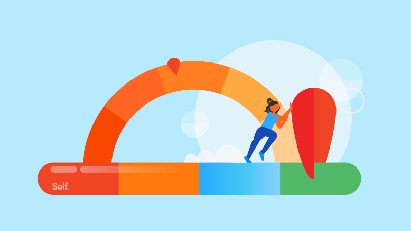 A colorful illustration of a woman pushing a lever toward to good end of the credit score range.