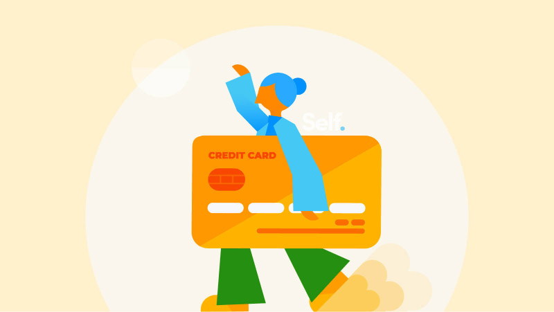 A colorful illustration of a woman holding an oversized credit card.