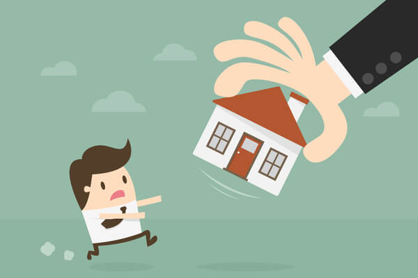 An illustration of a hand removing a house from a man who is chasing after it
