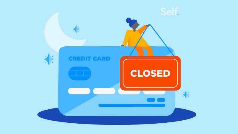 Illustration of a woman holding a "closed" sign in front of a credit card.