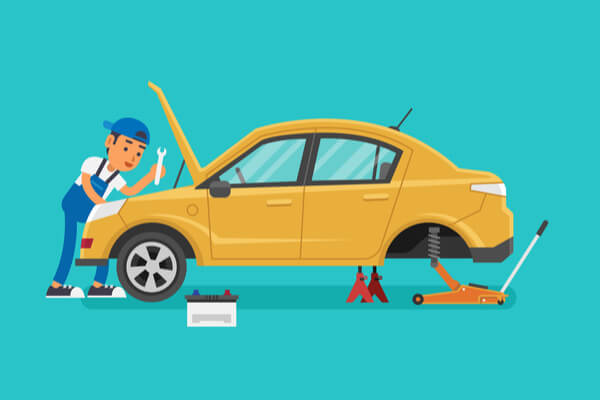 Illustration of a man repairing a car