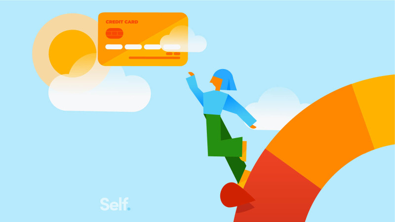 An illustration of a woman standing at the bad credit range of a credit-score meter, reaching for a credit card.
