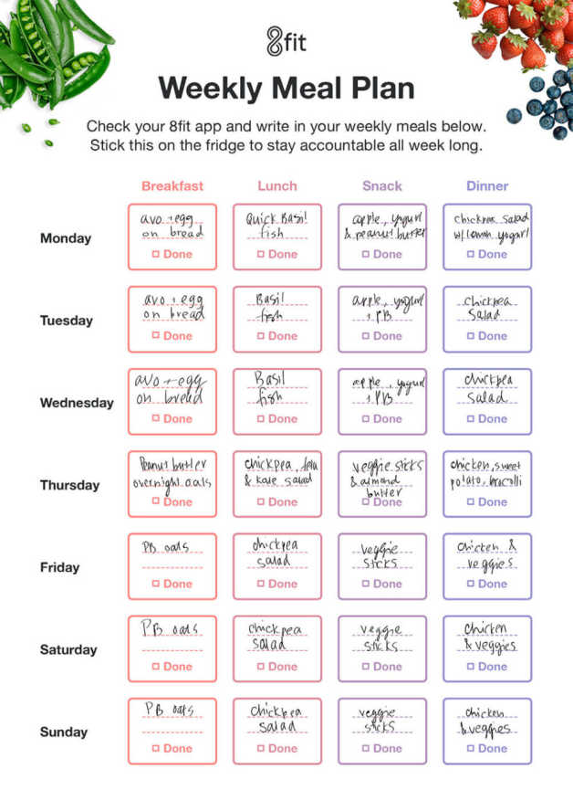 Weekly meal plan filled-out 