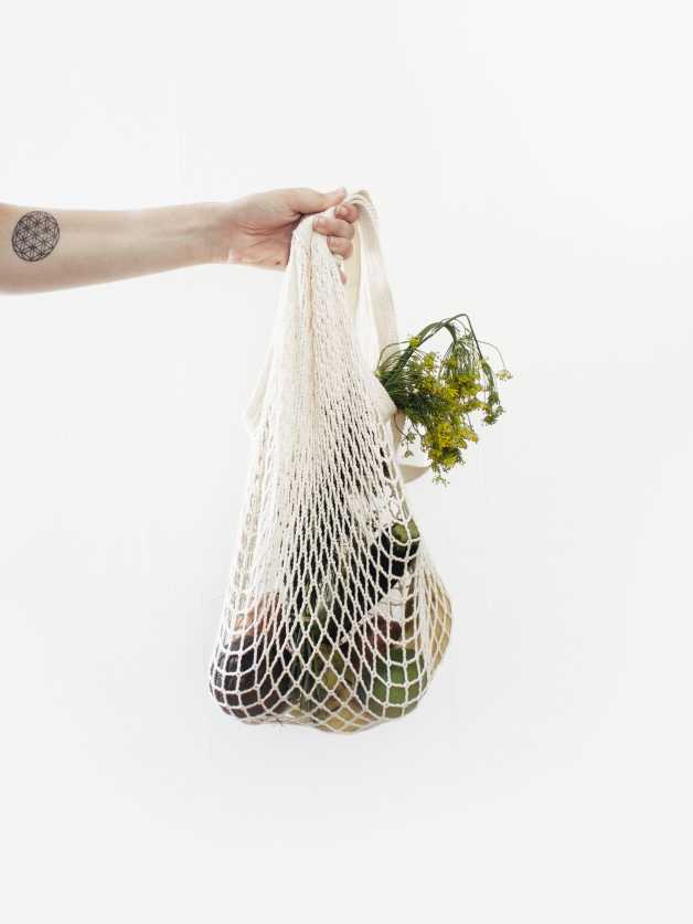 vegetables and fruits in a rope bag