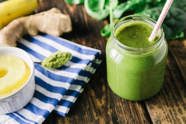 Matcha in a jar with ginger and pineapple, side view 