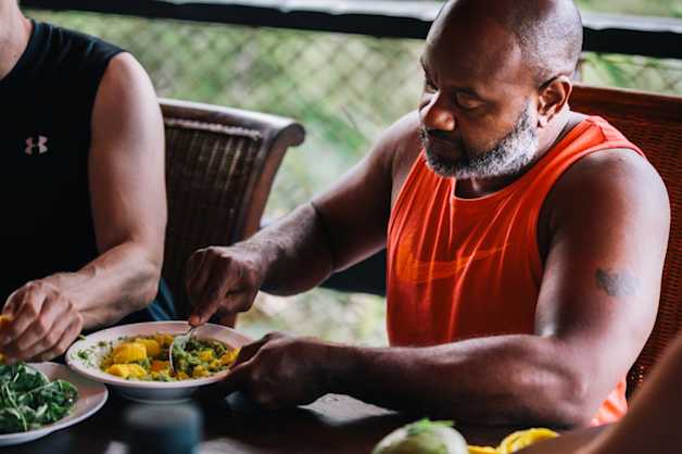 Man eating salad, David