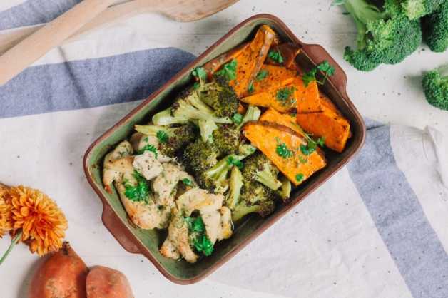 one pan roasted chicken sweet potato broccoli meal prep