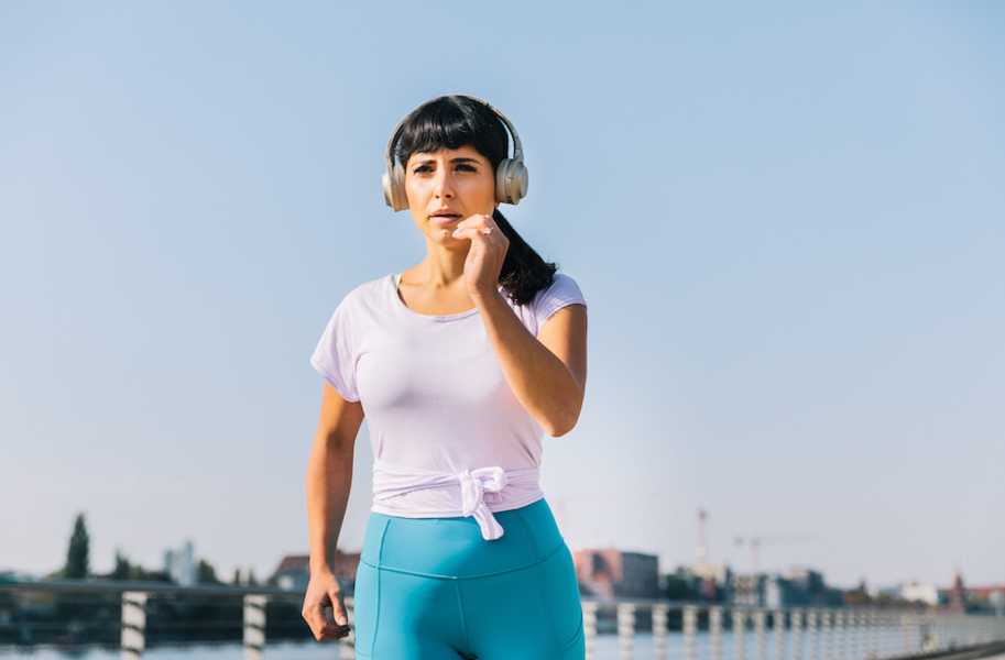 Alice, woman, female, running outside, headphones