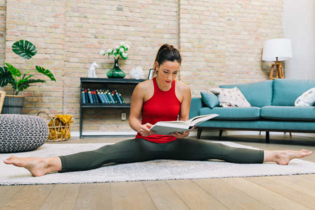 Alba, woman, female, reading, split, stretching