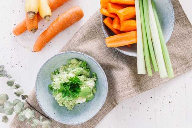 avocado feta dip with carrots and celery food