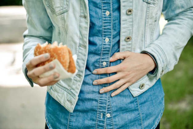 Burger in hands, jean jacket 