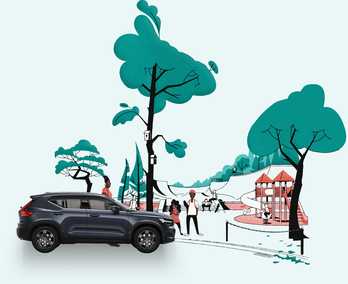 Illustration of playground with trees and a Volvo XC40