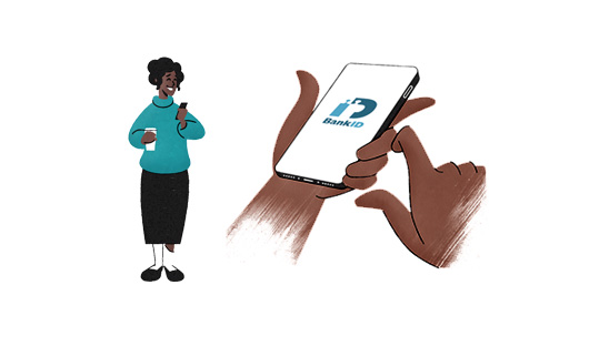 Illustration av kvinna och händer som håller en telefon som visar BankID app