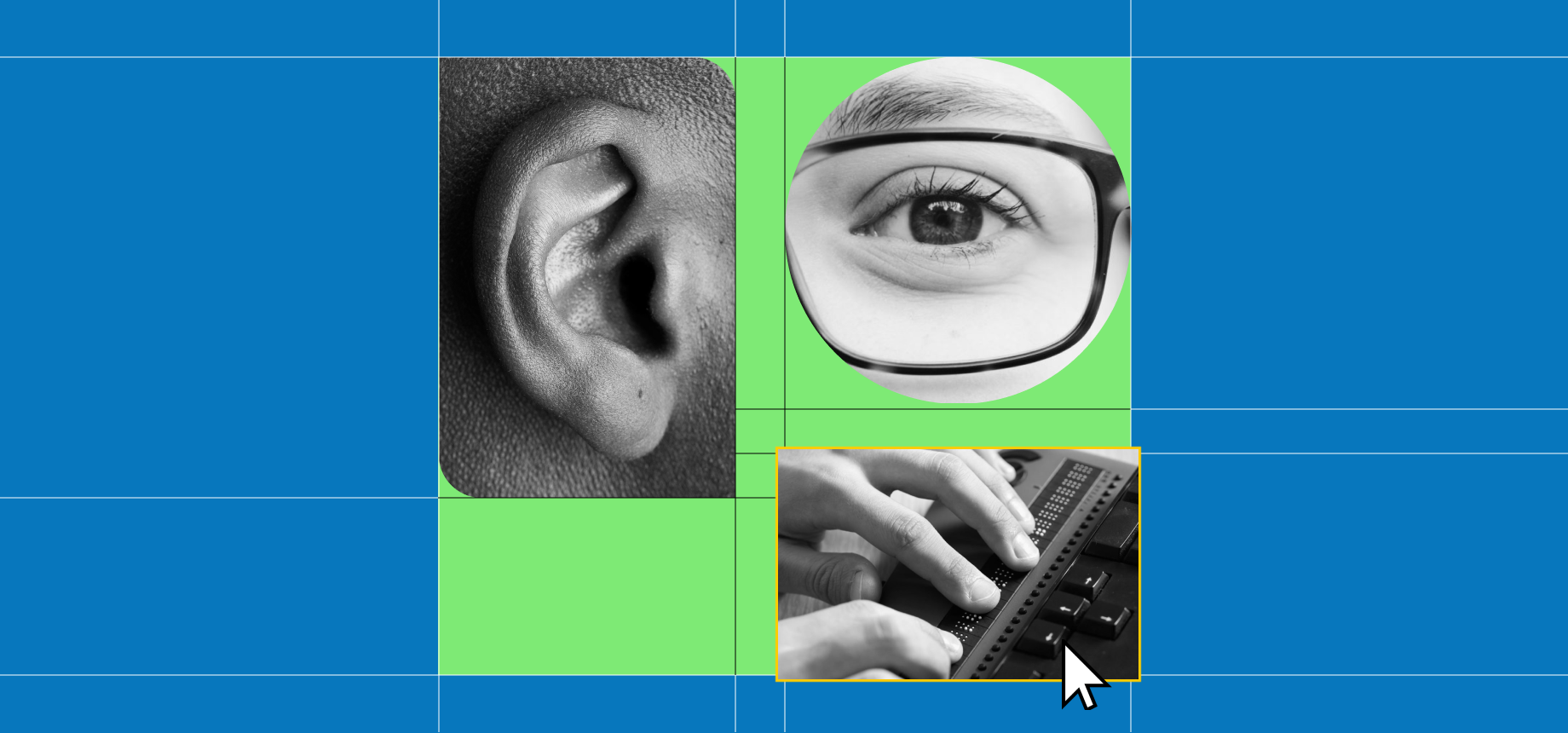 A collage of photographs including an ear, an eye and a keyboard with a blue background