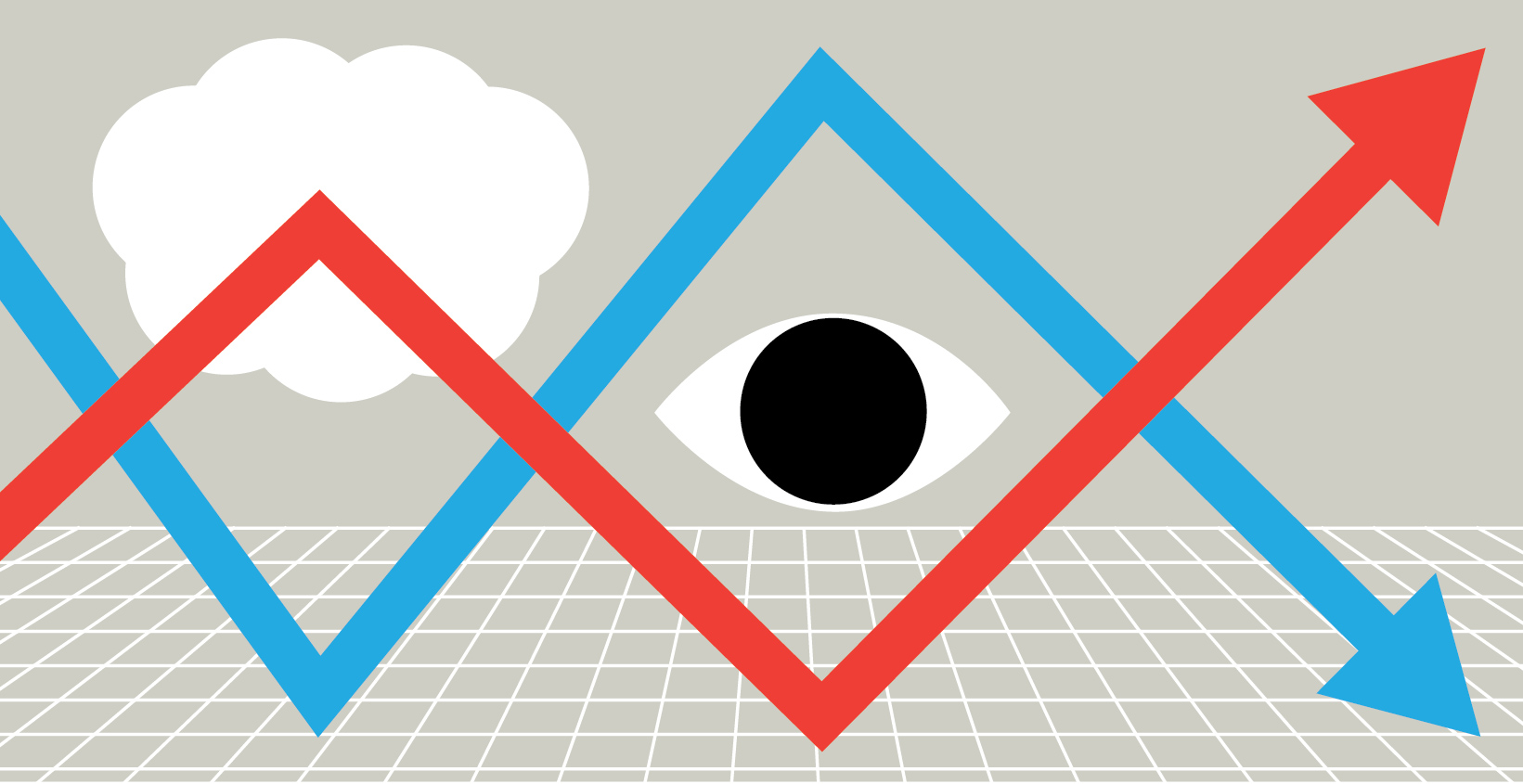 Blue and red lines depicting a graph with an eye in the center on a gray background