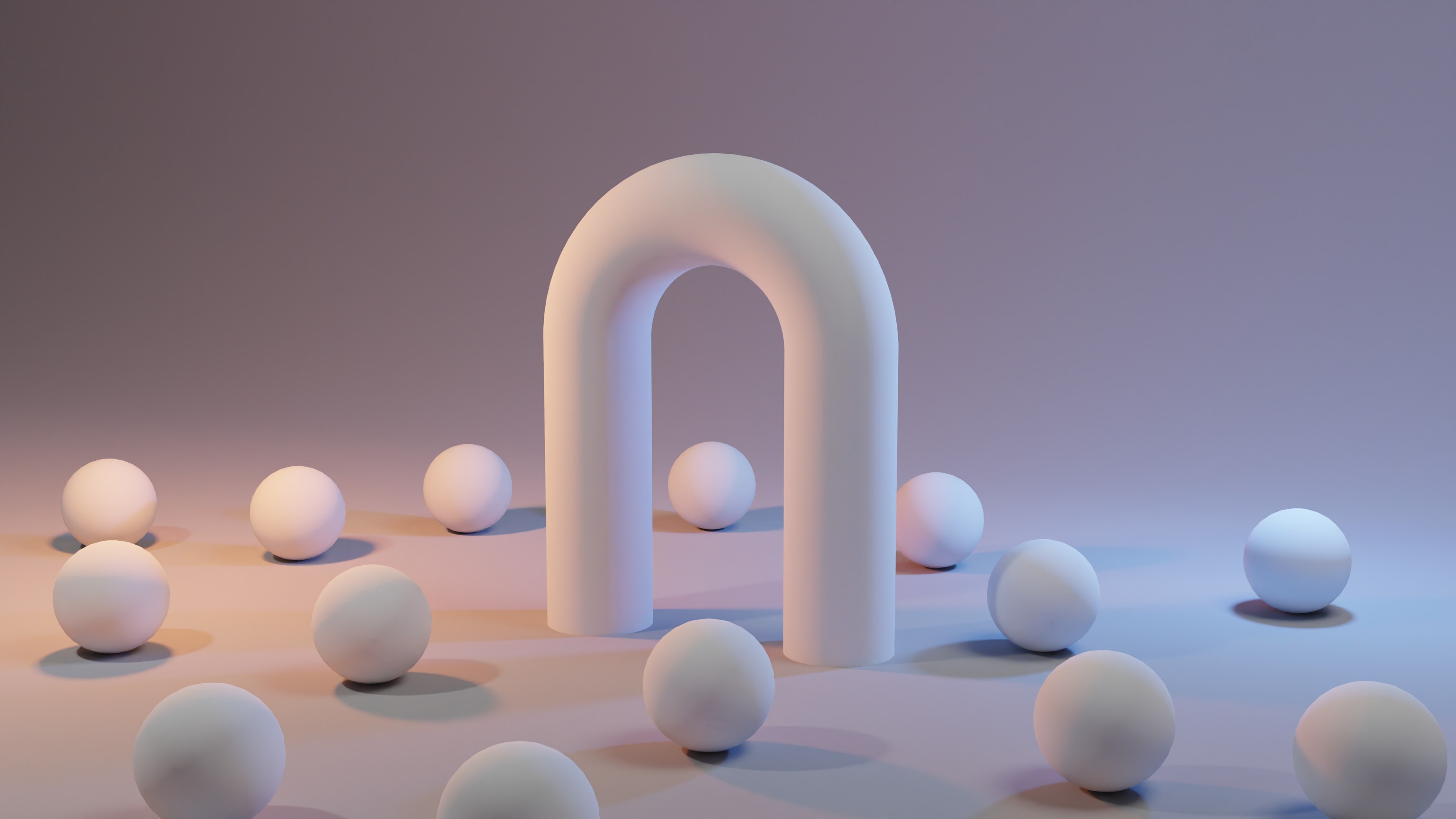 3D rendering of a white arch and balls