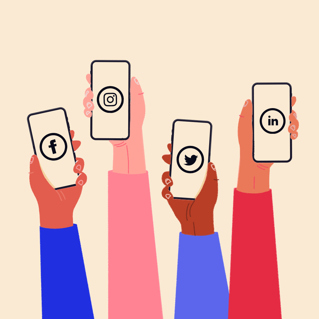 Four hands holding phones displaying social media channel icons