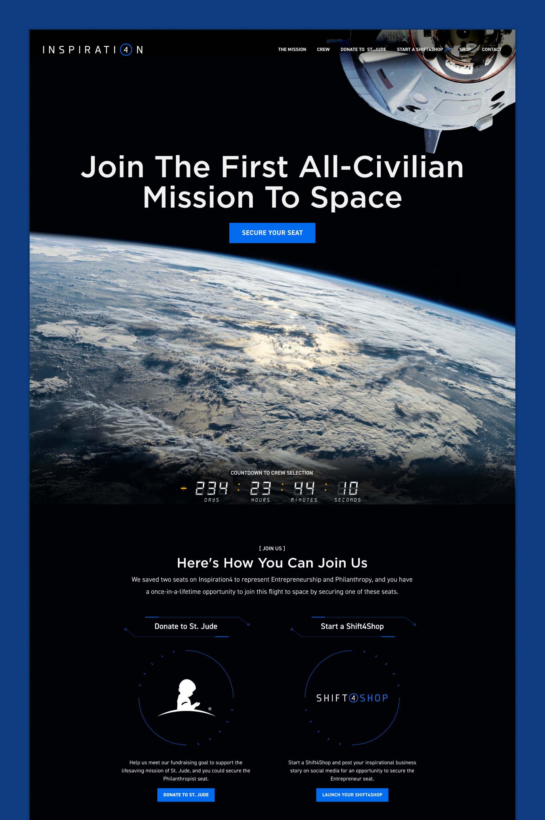 Screenshot of Inspiration4.com website with image of spacecraft in space above Earth