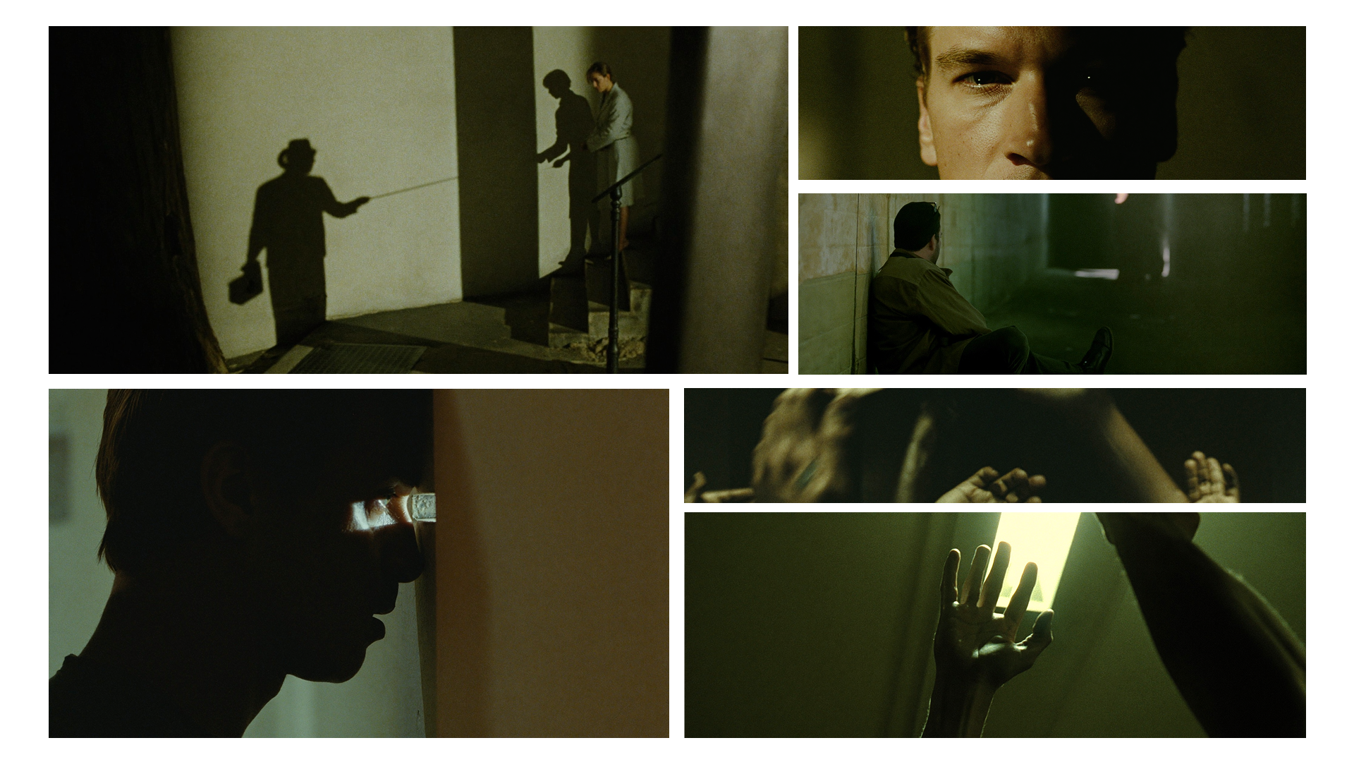 A detailed, clinical, and high-tension cinematic film still collage in the style of a psychological thriller. The aesthetic is defined by a sickly, monochromatic pale-green and sulfur-yellow color palette, heavy shadows, and a sterile, institutional atmosphere. The composition is a multi-image mood board arranged in a clean grid with white borders:

(Top Left / Hero Image): A wide, low-angle shot of a stark white wall in a dim hallway. A massive, elongated silhouette of a man wearing a fedora and carrying a briefcase is cast against the wall. Next to him, the smaller, distinct shadows of a man and a woman in a lab coat are visible as they stand near a staircase.

(Top Right): A tight, extreme close-up of a man’s face. His skin is slick with sweat, and his blue eyes are wide and fixed with intense, desperate focus on something just out of frame.

(Middle Right): A medium shot from behind of a man sitting on the floor of a long, empty hospital or industrial corridor. He is slumped against the wall, head bowed, holding a small earpiece to his ear in a moment of isolation.

(Middle Center): A horizontal, narrow frame showing a close-up profile of a man’s face in deep shadow. A single, bright beam of light slices through the darkness, illuminating only his eye as he peers through a small hole or gap.

(Bottom Left): A large, detailed shot of a human hand reaching upward. The lighting is harsh and green-toned, catching the strained tendons, prominent veins, and the texture of the skin against a dark, out-of-focus background.

(Bottom Right): A first-person perspective shot of a hand wearing a thin, translucent medical glove. The hand is reaching toward a bright, rectangular overhead light fixture that bleeds into the surrounding deep shadows.

The entire collection features a heavy film grain, high contrast, and a persistent sense of medical or conspiratorial dread. The lighting is motivated by harsh fluorescent or industrial sources, creating deep, cavernous blacks and glowing, sickly highlights.