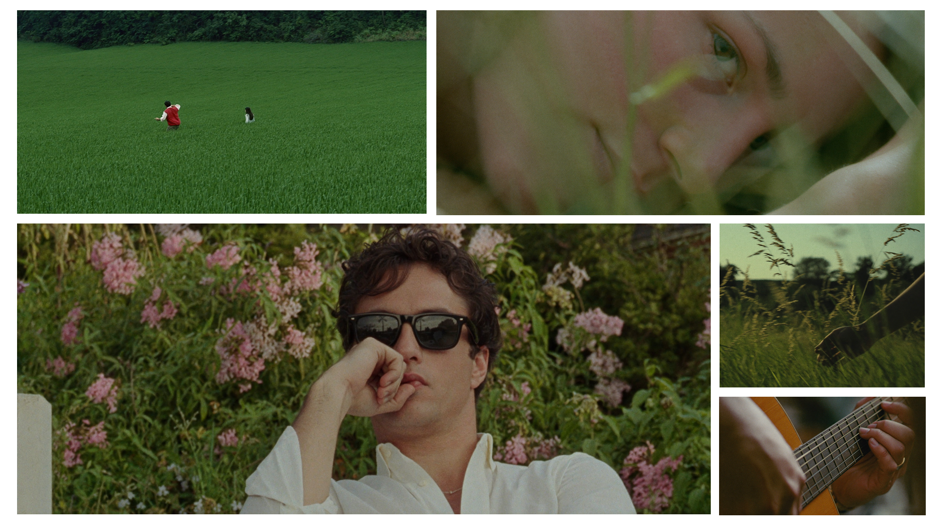 A cinematic multi-image collage presented as a 3x2 grid mood board, utilizing the specific irregular image shapes and overall composition style of image_5.png, and the thematic and narrative elements of image_9.png. The style is that of an indie film production portfolio, rendered with a rich, naturalistic film grain and a palette of verdant greens, warm ambers, and soft pinks, inspired by the natural lighting and textures of image_9.png. The images feature the recurring young male character from image_9.png (dark curly hair) and the young female character, in a cohesive natural narrative.

(Top Left, irregular): An extreme close-up of the male character's pensive eyes, seen through out-of-focus blades of grass, similar to the perspective in image_9.png.

(Top Right, irregular): A profile shot of the female character in a car, contemplating at dusk, backlighting creating a soft glow, but now looking out at a field.

(Middle Left, irregular): The central scene, a wider view of the male and female characters in a sprawling, verdant green field, with pink flowers, under natural daylight, similar to image_9.png.

(Middle Center, central vertical): A tight, vertical portrait shot of the male character wearing sunglasses, his hand near his face, pensive, against the backdrop of pink flowers.

(Middle Right, small): An irregular-shaped extreme close-up of a hand with long, defined fingers gently touching blades of tall, green grass in a field, with defined textures.

(Bottom Left, irregular): A cinematic extreme close-up shot of hands with prominent veins playing an acoustic guitar, similar to image_9.png.

(Bottom Center, irregular): An extreme close-up of a single, vibrant pink flower, with intricate petal details, glistening with dew, in sharp focus.

(Bottom Right, irregular): A pensive, wide-angle shot from the driver's perspective in a car, looking through a chain-link fence towards a sprawling field under the golden light of sunset, capturing the characters in the distance.

The collage maintains white spacing between the narrative fragments