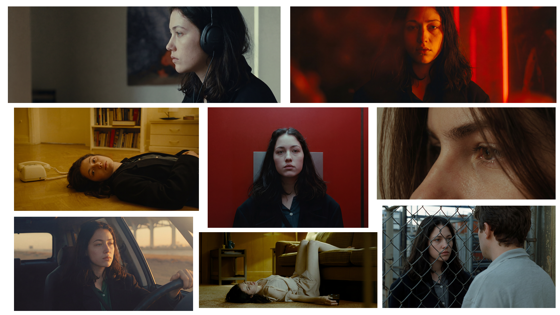 A detailed, melancholic, narrative-driven cinematic film still collage featuring the same young woman across multiple scenes of emotional introspection, transition, and connection. The overall aesthetic is dark, quiet, and deeply evocative, rendered with specific color palettes and textures. The composition is a multi-image layout arranged like a film pitch board. The scenes include: (Top Left) A quiet, muted profile shot of the woman with dark hair, wearing headphones and a black jacket, listening in a dimly lit, minimalist domestic space. (Top Right) A medium shot of the woman from the chest up, looking directly at the camera with a neutral, intense gaze, bathed in warm, saturated red light from a vertical light bar. (Middle Left) The woman in a black jacket and blouse, lying on her side on a wooden floor, looking up at the camera with an expression of listlessness or despair, with an old-style beige landline phone on the floor next to her and a bookshelf behind her. (Middle Center) A frontal shot of the woman in a black jacket, sitting formally on a modern, upholstered grey chair against a bold, solid red wall, with a cigarette between her lips, a somber expression, and a dark shirt. (Middle Right) An extreme close-up of the woman's eyes, focused on her expression of sorrow and introspection, showing textures of skin and tears. (Bottom Left) The woman driving a car, a profile-to-frontal view, with a contemplative expression as warm, golden hour sunlight backlights her face, a clear view of the car's interior, steering wheel, and a bridge in the distance. (Bottom Center) A different, lighter scene: the woman in a light-colored top, lying on a patterned carpet next to a sofa in an interior, looking up at the ceiling, with a glass of water on the floor nearby. (Bottom Right) A final scene showing the woman in a black jacket, standing on one side of a metal chain-link fence, looking through at another young person (man's back to camera) on the other side. Each image maintains a consistent film grain and shallow depth of field, with texturally rich environments. The layout uses various sizes of horizontal and vertical images, with white spacing. The style is that of an indie film production portfolio, quiet, and intimate. The color palette is dark reds, warm goldens, and somber, muted blues and greys.