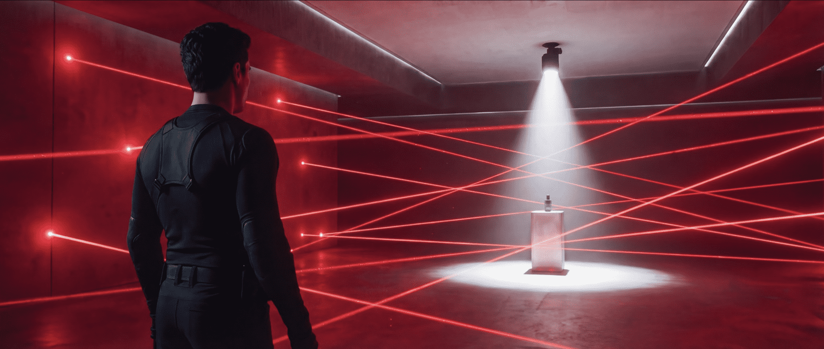 The room is filled with intersecting red laser beams