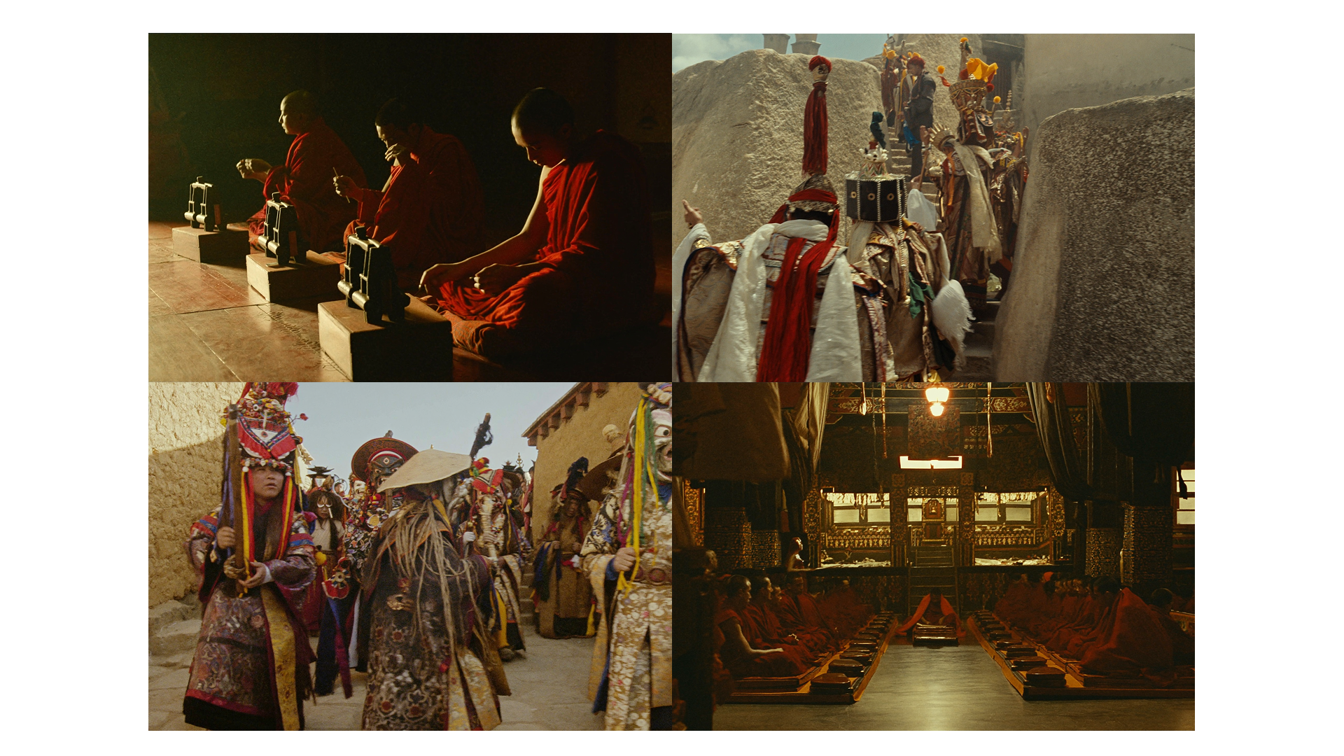 A multi-panel film still collage presented as a 2x2 grid mood board, showcasing a rich and intricate cinematic tapestry of Tibetan and Himalayan monastic life, rituals, and architecture. The aesthetic is defined by a deeply saturated, golden-hour warmth and low-key lighting, creating a nostalgic 35mm film grain texture.

(Top Left): An intimate medium shot of three young Tibetan Buddhist monks in traditional red-and-maroon robes, sitting and bowing in prayer or study at low wooden desks. They are illuminated by a single, warm light source from the left, creating deep, dramatic shadows (chiaroscuro). The atmosphere is quiet, pensive, and deeply traditional.

(Top Right): A wide, medium-shot documenting a vibrant outdoor procession within a stark, ancient, stone-built monastery courtyard under a cloudy sky. Scores of monks in intricate, colorful ritual costumes, elaborate headdresses, and carrying ceremonial objects are moving along stone-stepped pathways. The costumes feature rich textures, tassels, and red and white colors, and traditional wooden structures are visible in the background.

(Bottom Left): A close-up, frontal portrait of a performer in the procession. They wear an extraordinarily elaborate ceremonial headpiece with multiple faces, colors, and tassels, along with a richly patterned, multi-colored silk and brocade robe. The performer has a strong, forward-facing gaze, their face partially obscured by the traditional mask. A blurred, active procession and high-walled ancient buildings are in the background.

(Bottom Right): An expansive, wide-angle interior view of a massive monastic chanting hall. Two long rows of seated monks in identical red and maroon robes face each other, stretching far into the distance. The vast, dark hall is dimly lit, illuminated primarily by a complex series of golden lamps and glowing fixtures, including elaborate, traditional golden architectural details and screen-work along the walls and a central throne area. The hall features heavy hanging fabrics and a deeply pensive, ritualistic atmosphere.

The layout maintains clean white borders between the individual narrative fragments, and the overall style is one of poetic, high-production values and historical reverence. The color palette is composed of deep, glowing golds, rich ambers, burgundy reds, and stark, cool stone greys.