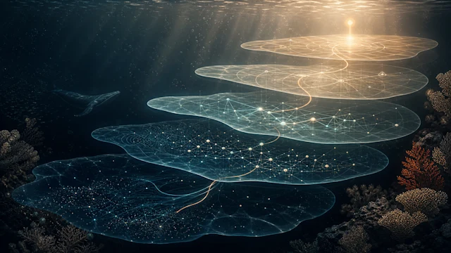 Glowing digital network layers float underwater near coral reefs, with a whale swimming beside light rays from above.