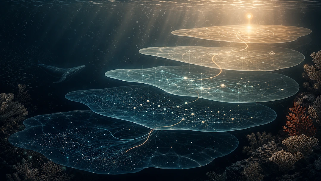 Glowing digital network layers float underwater near coral reefs, with a whale swimming beside them and sunlight filtering from above.