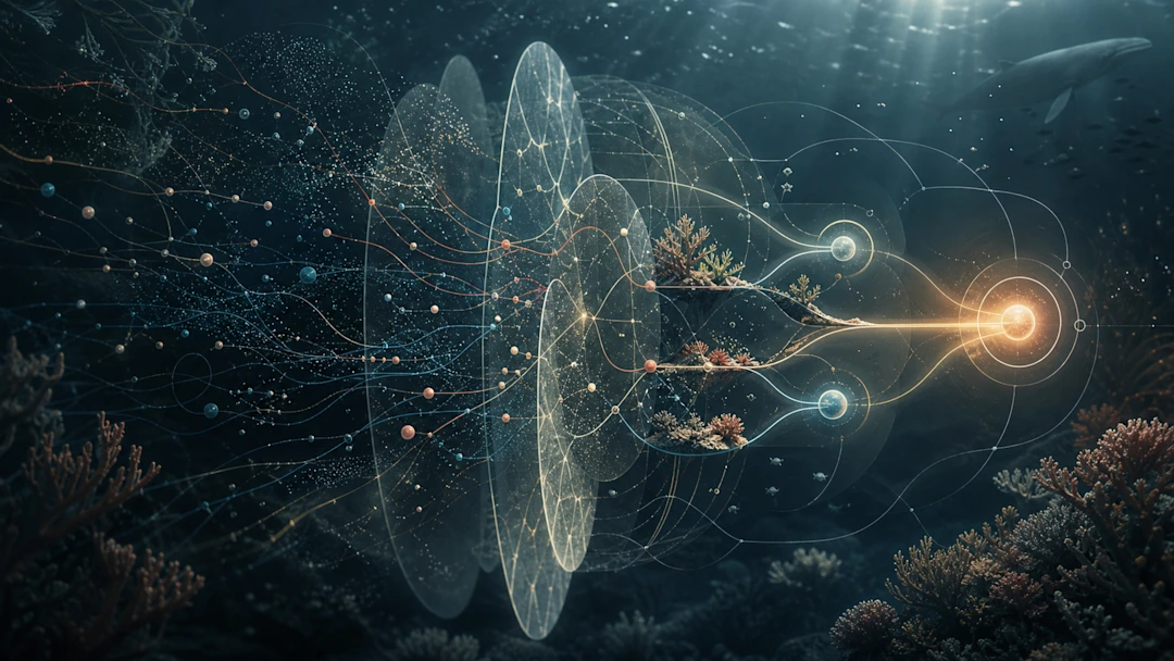 Abstract underwater scene with glowing geometric shapes, coral, orbiting spheres, and flowing data-like lines in blue and gold tones.