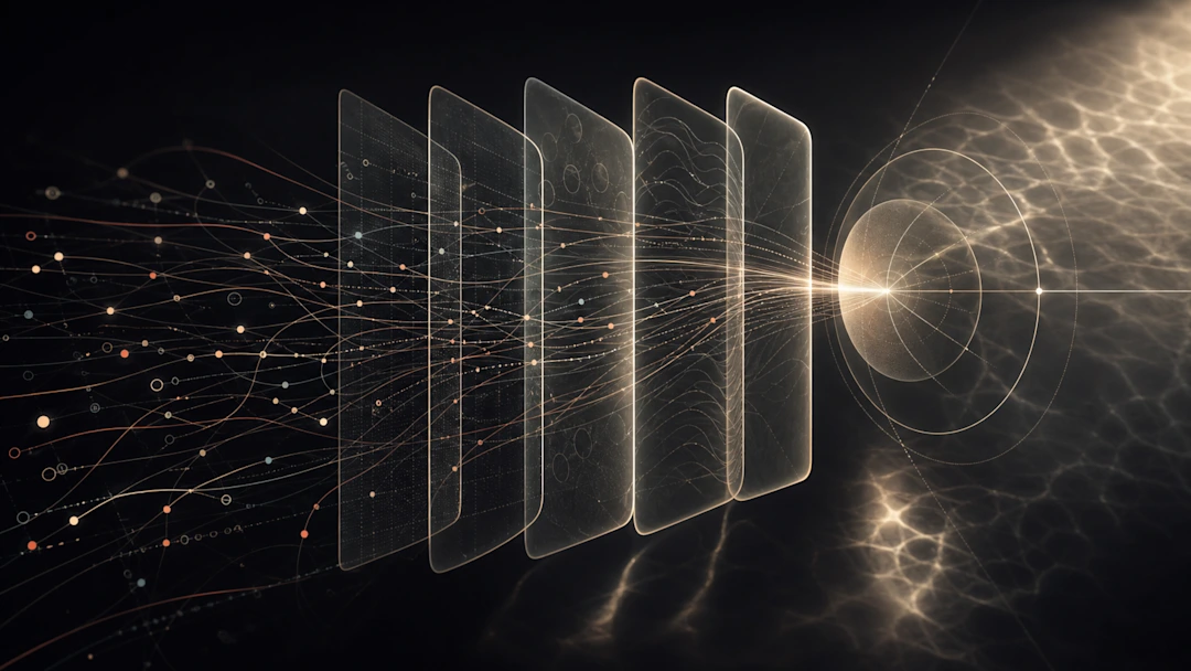 Abstract digital art showing data nodes and lines flowing through layered translucent panels toward a glowing focal point on dark background.