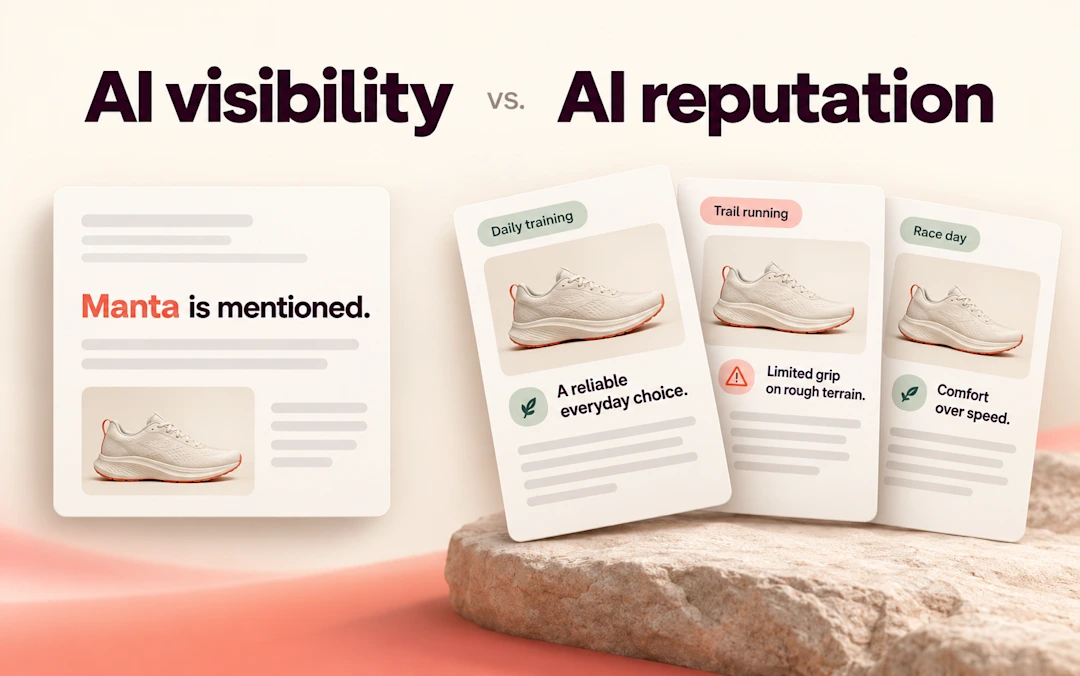 Graphic comparing AI visibility vs. AI reputation using sneaker product cards with use-case labels and descriptive feedback text.