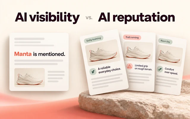 Graphic comparing AI visibility vs. AI reputation using sneaker product cards with varied use-case reviews and ratings.