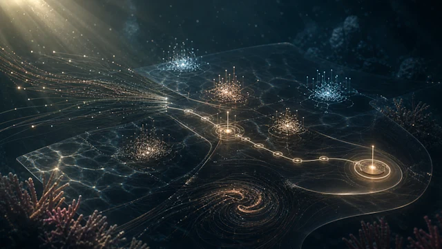 Abstract underwater digital landscape with glowing golden network nodes, spiral patterns, light rays, and coral in dark blue tones.