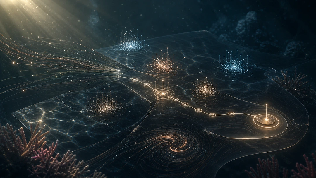 Glowing digital network with golden light nodes and spiral patterns over a dark ocean floor with coral and sunrays.