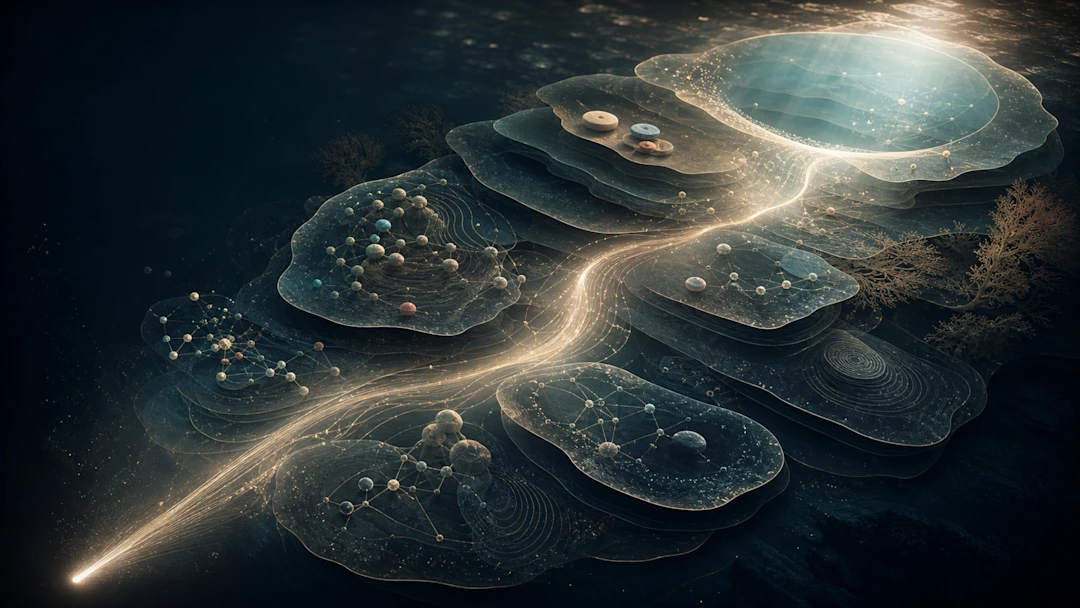 Abstract digital art showing glowing network nodes and layered translucent forms on a dark background, with a luminous trail connecting cosmic structures.