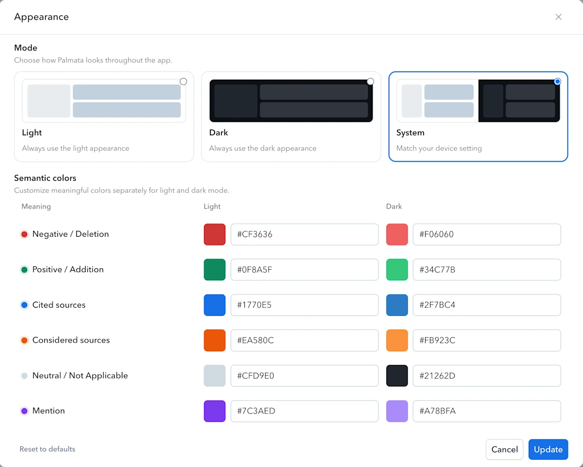 Appearance settings panel showing Light, Dark, and System mode options, plus semantic color customization for light and dark themes.