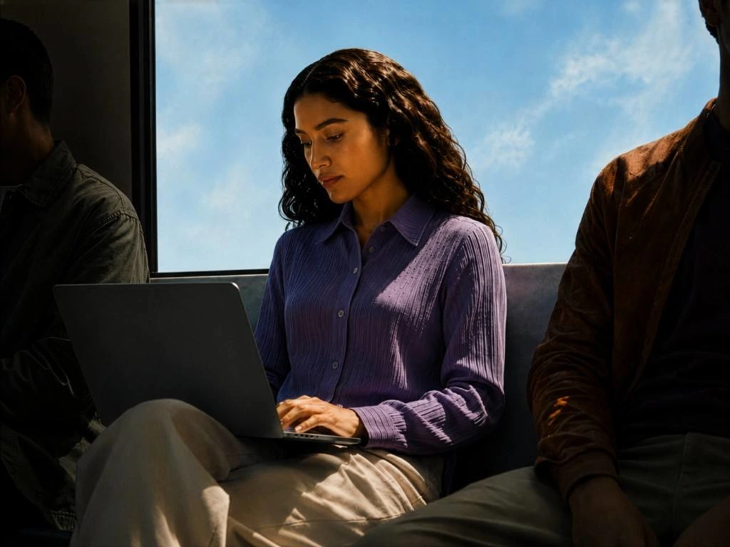 Woman working on a laptop while traveling on public transport with a bright window behind her.