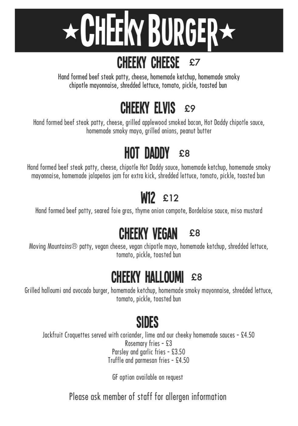 Cheeky Burger menu