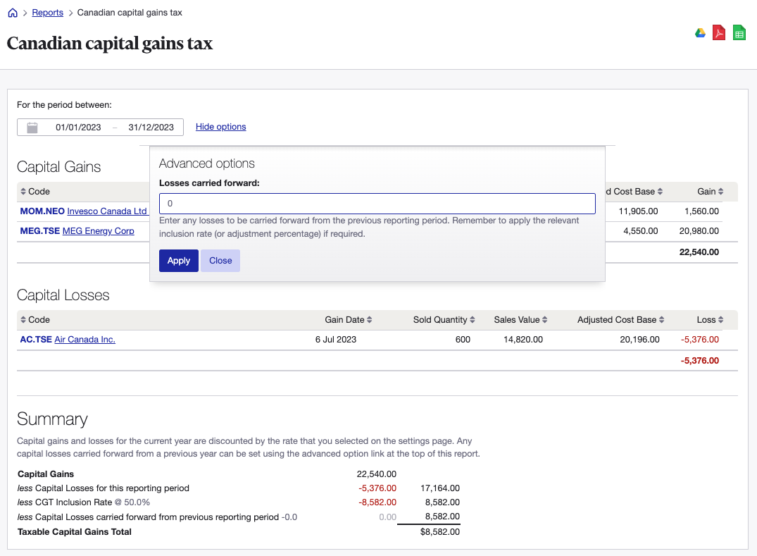 Candian capital gains tax report carry forward losses