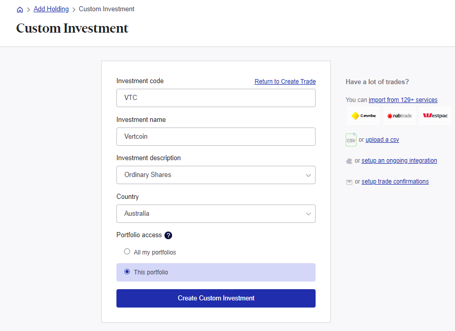 Tracking crypto custom investments