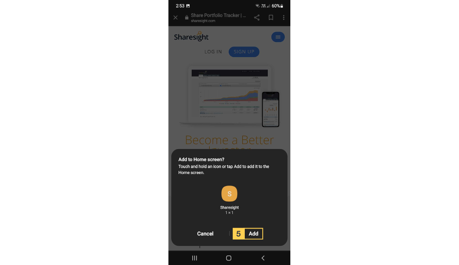 Ajouter un raccourci Sharesight au mobile Android2