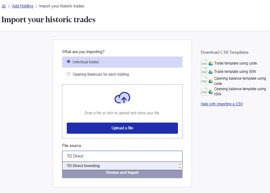 Import trades from TD Direct Investing