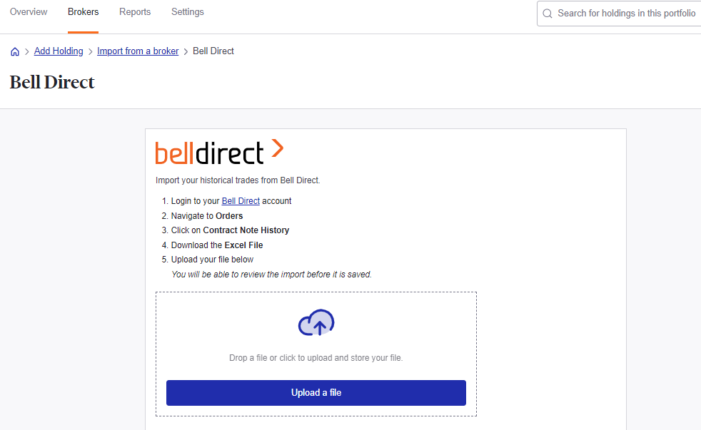 Imported Bell Direct trades to Sharesight