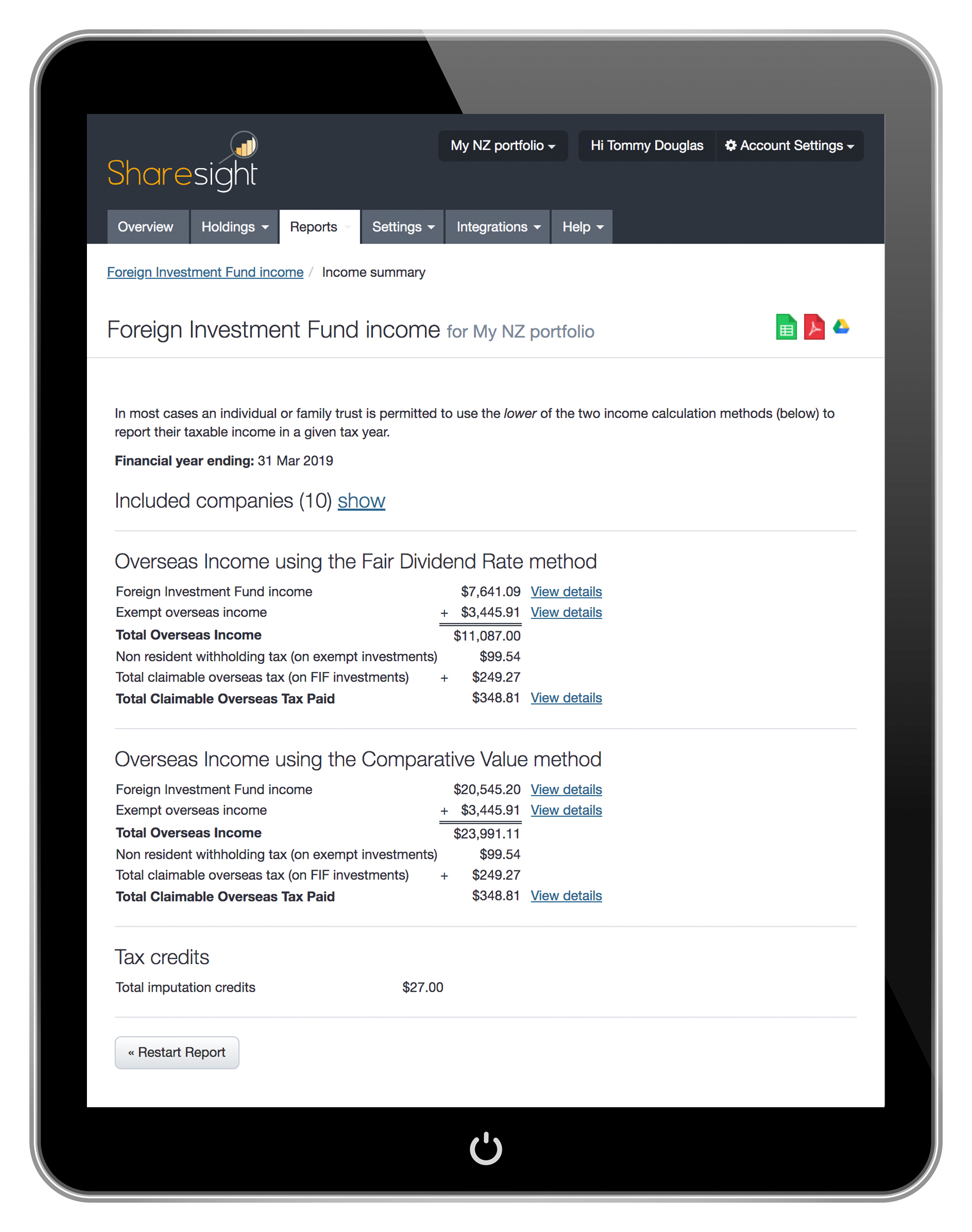 Sharesight FIF Report 2018 - Tablet