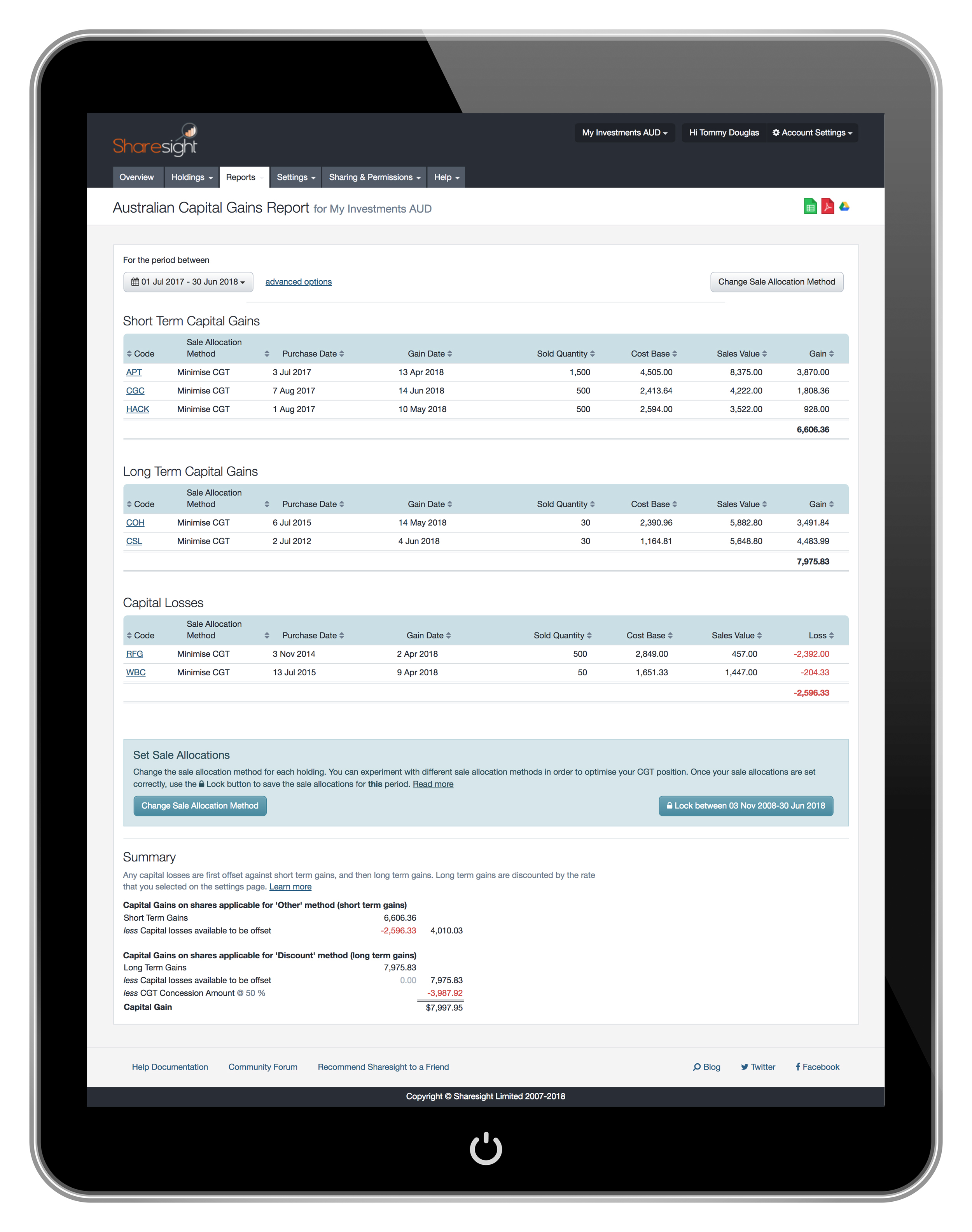 Tablet - Sharesight CGT Report AU