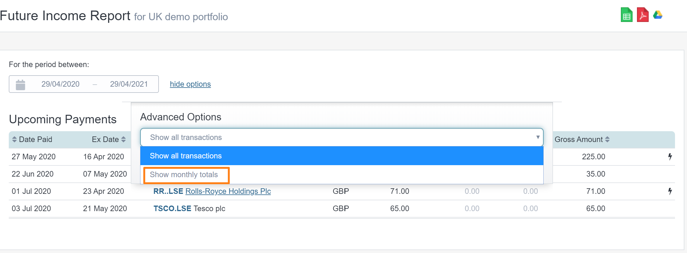 Monthly dividend income totals