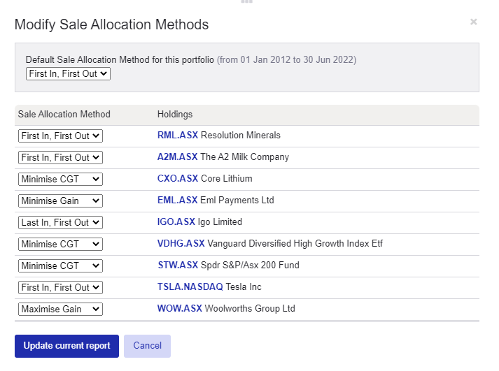 Sharesight capital gains tax report Sale allocation methods