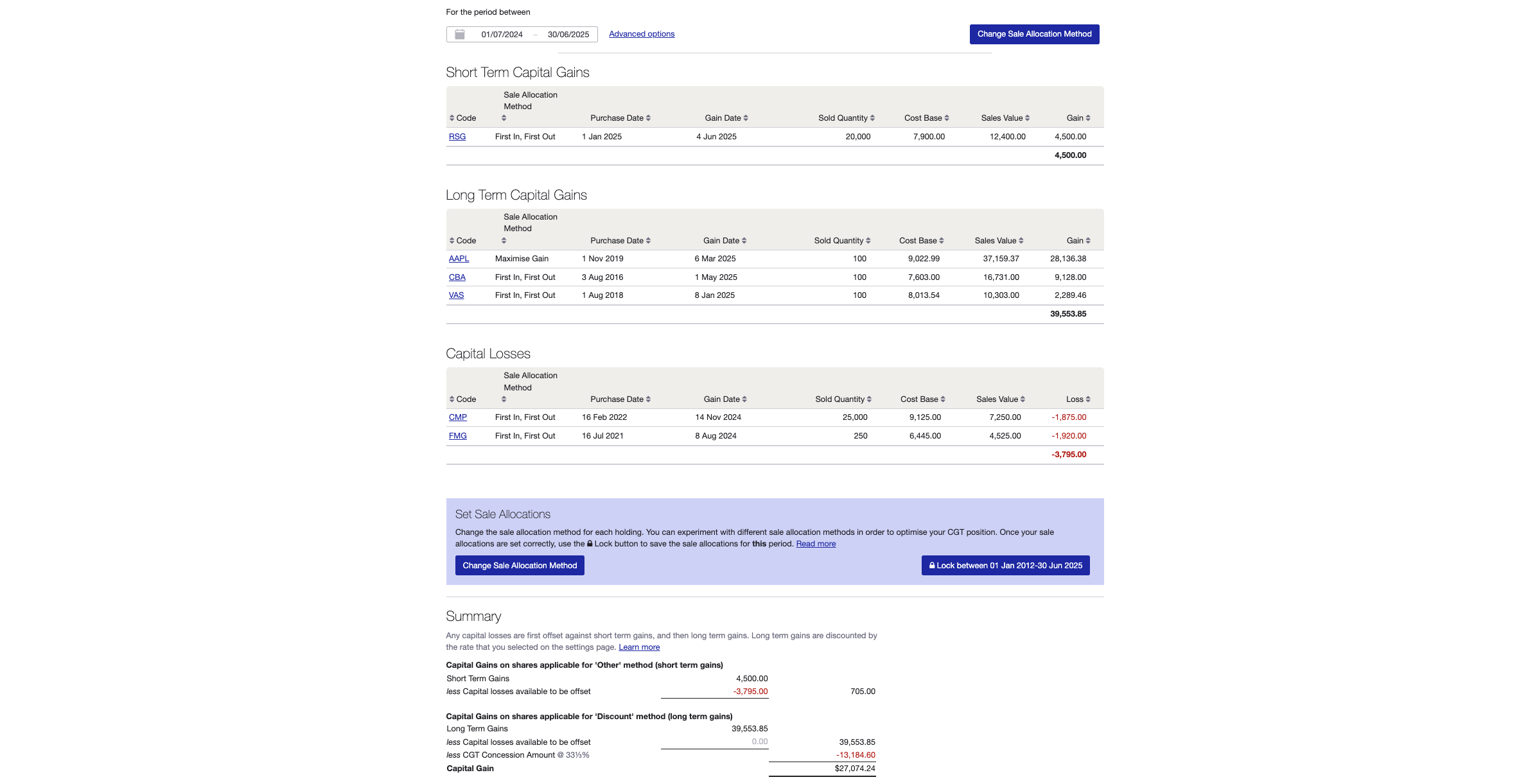 CGT report Sharesight